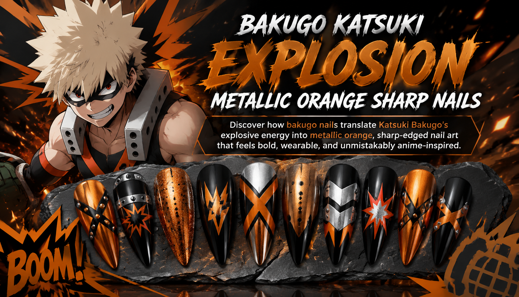 Bakugo Katsuki Explosion Metallic Orange Sharp Nails