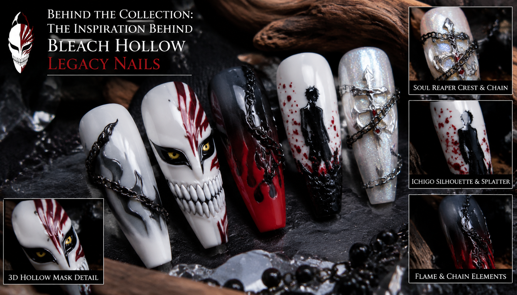 Detailed close-up of Behind the Collection: The Inspiration Behind Bleach Hollow Legacy Nails custom handmade nail design