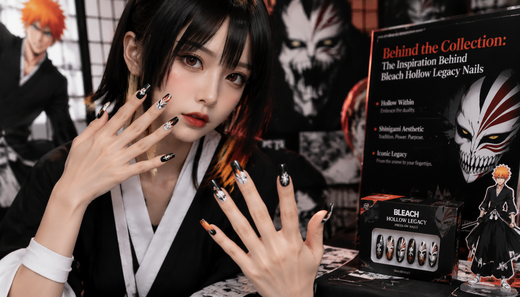 Handmade custom Behind the Collection: The Inspiration Behind Bleach Hollow Legacy Nails worn on hand styling showcase