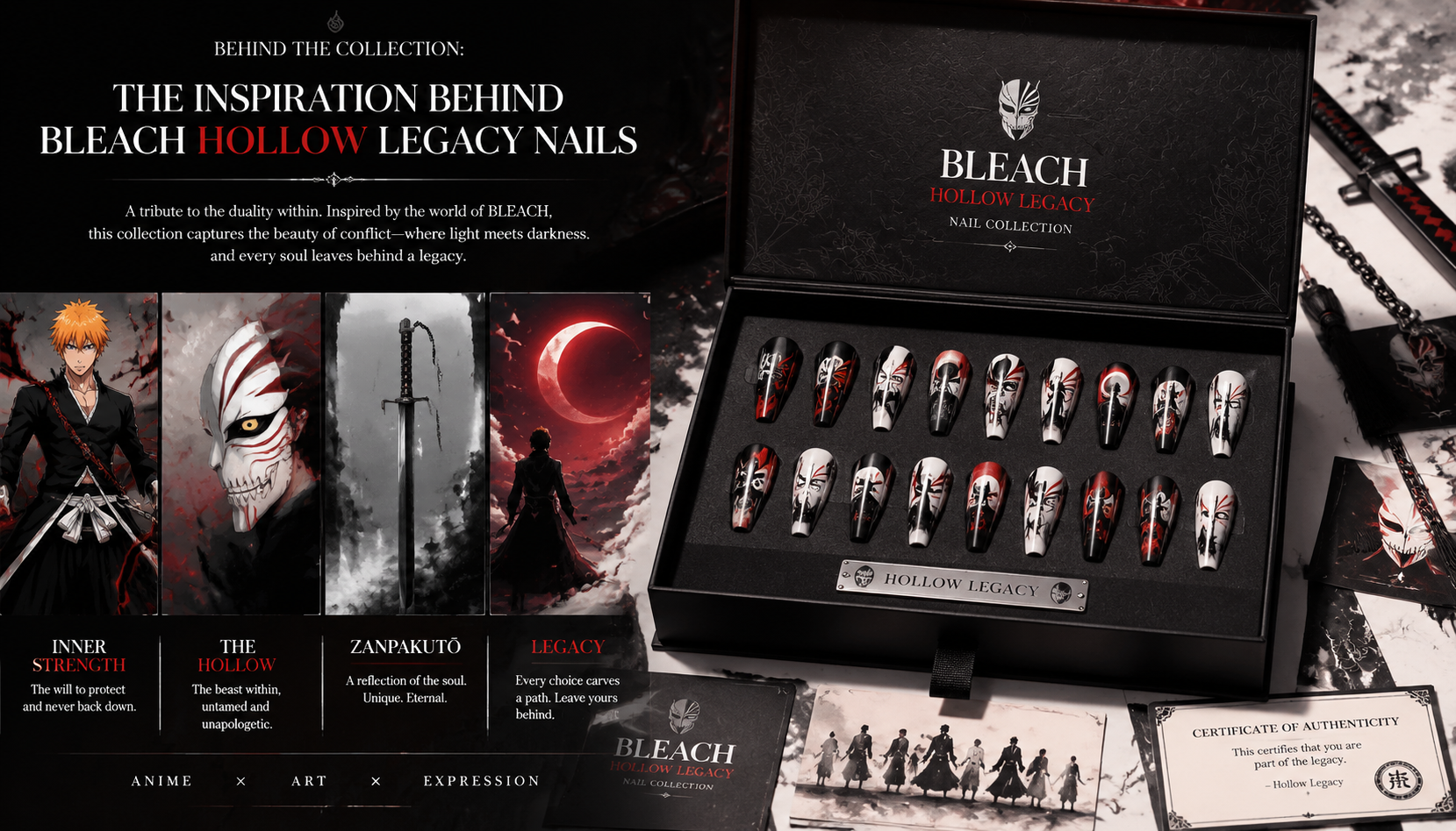 Luxury packaging box and prep kit for Behind the Collection: The Inspiration Behind Bleach Hollow Legacy Nails press-on nails set