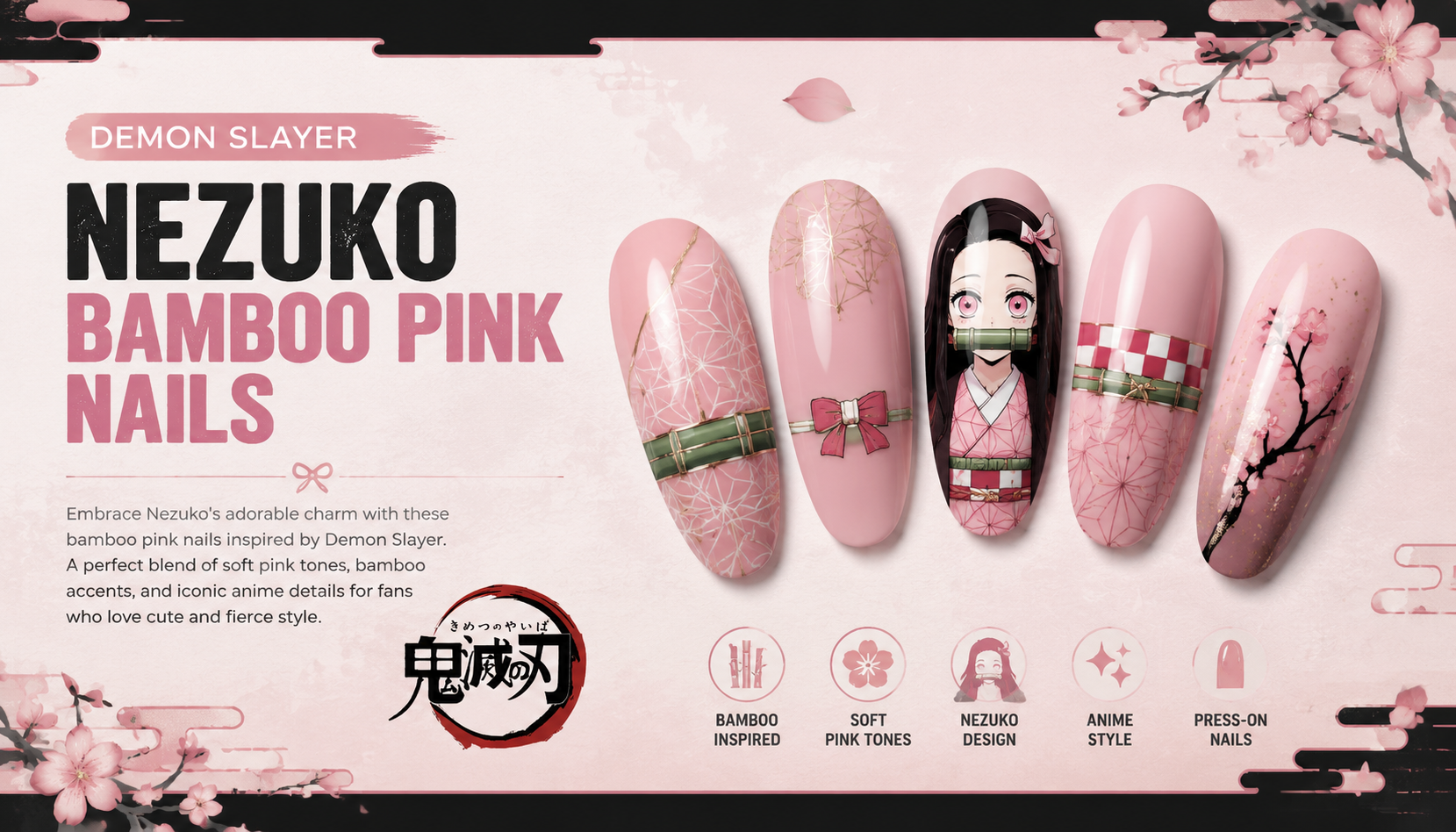 Demon Slayer Nezuko Bamboo Pink Nails