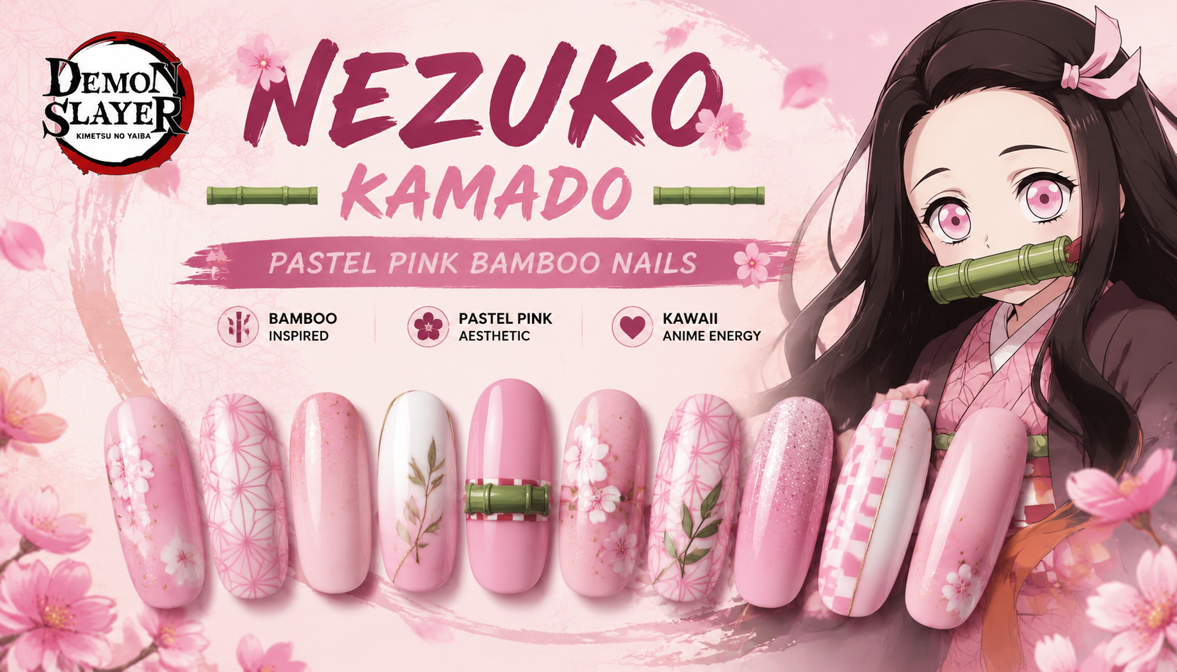Demon Slayer Nezuko Kamado Pastel Pink Bamboo Nails