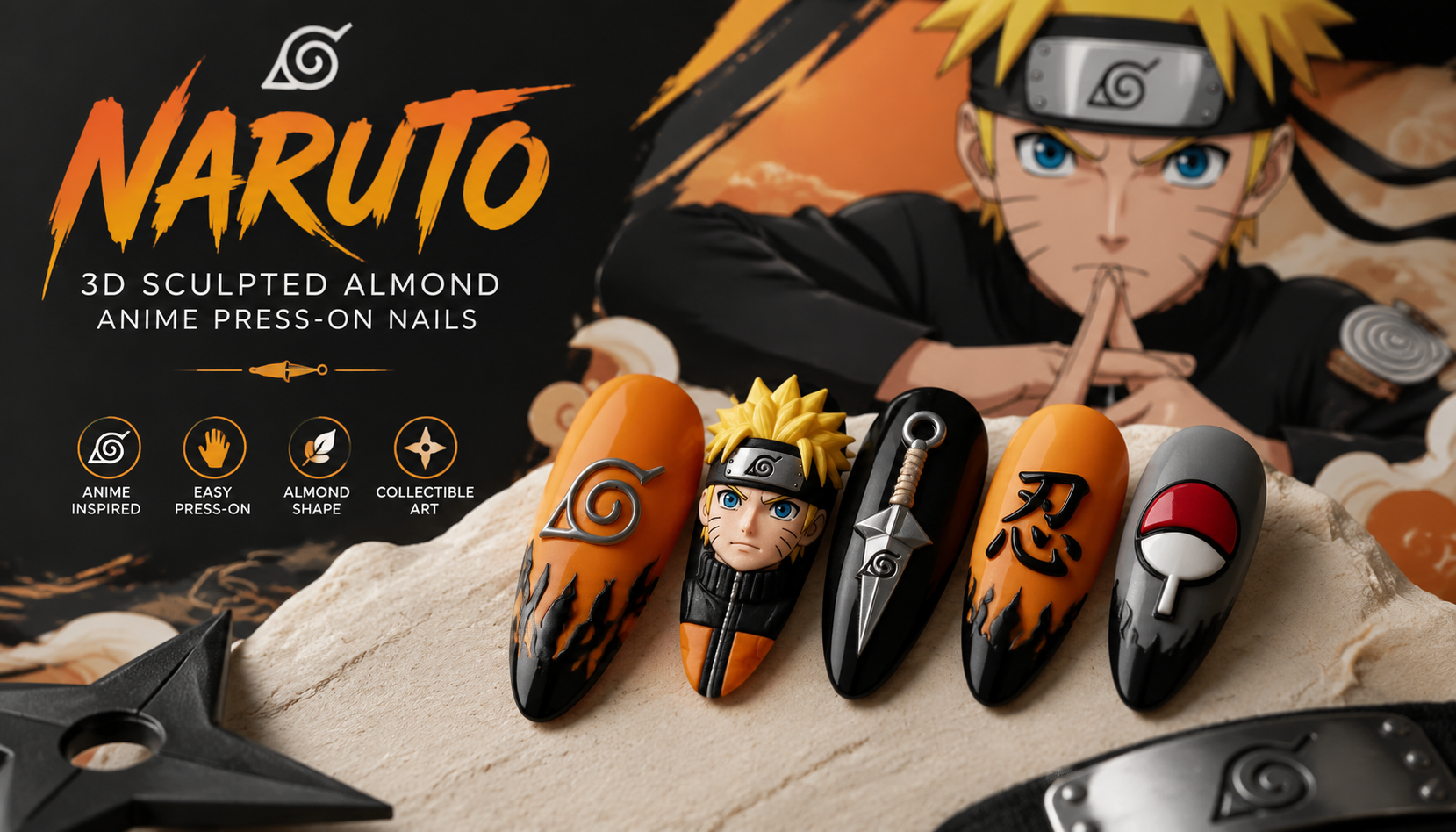 Naruto 3D Sculpted Almond Anime Press-On Nails