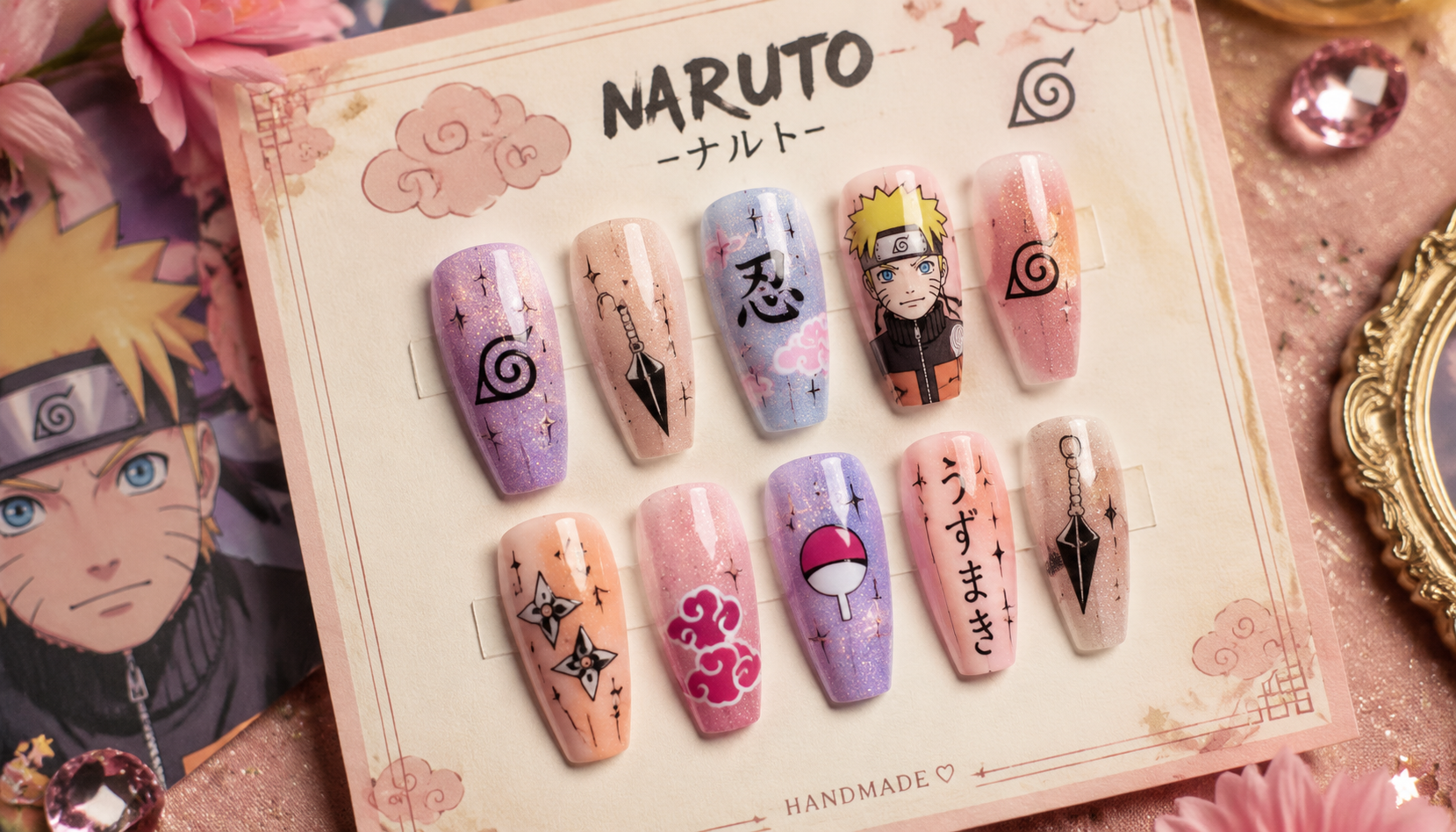 Styling look of Naruto Glitter Pastel Coffin Anime Press-On Nails on hands matching modern anime fashion