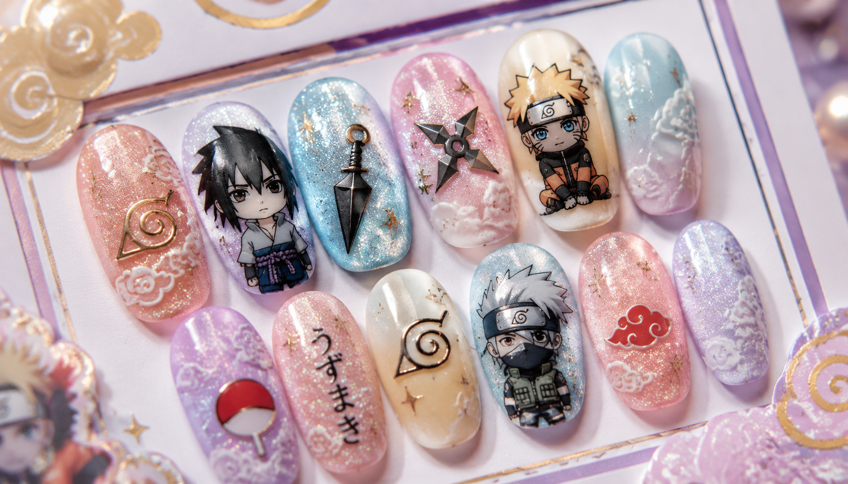 Detailed close-up showing the intricate hand-painted art of Naruto Glitter Pastel Oval Anime Press-On Nails