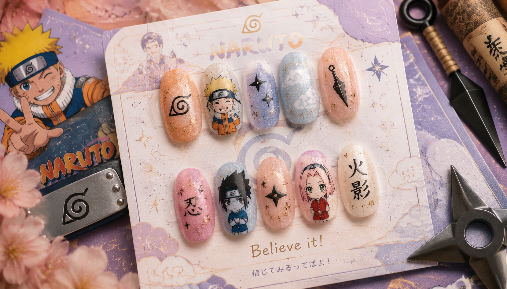Styling look of Naruto Glitter Pastel Oval Anime Press-On Nails on hands matching modern anime fashion