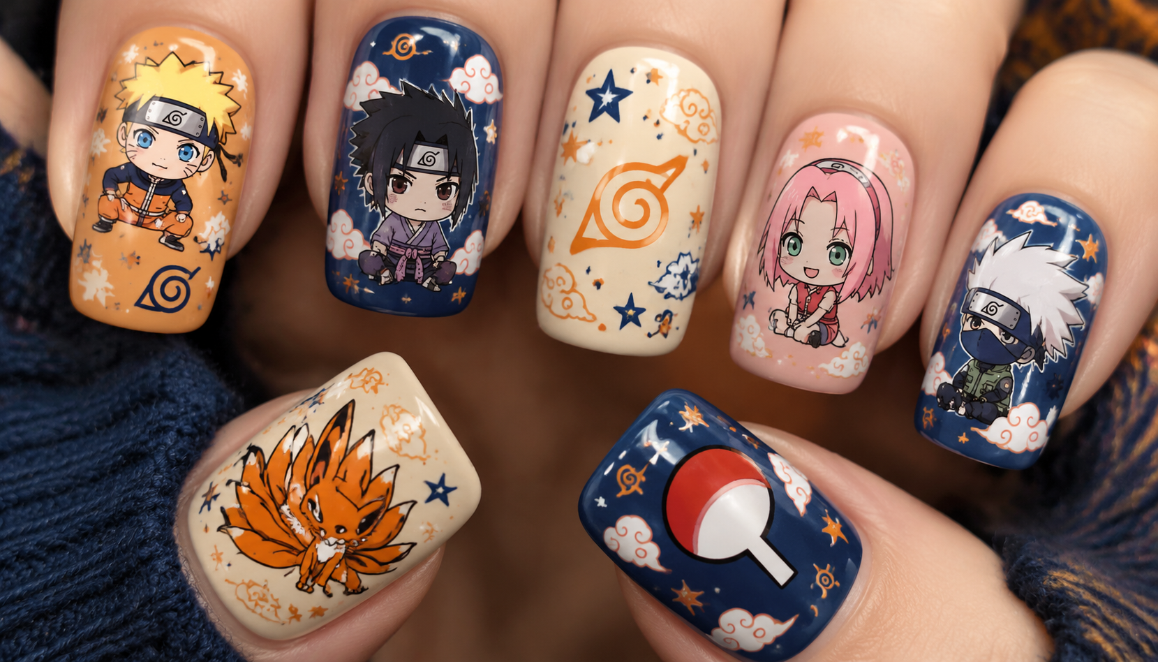 Detailed close-up showing the intricate hand-painted art of Naruto Kawaii Decal Square Anime Press-On Nails