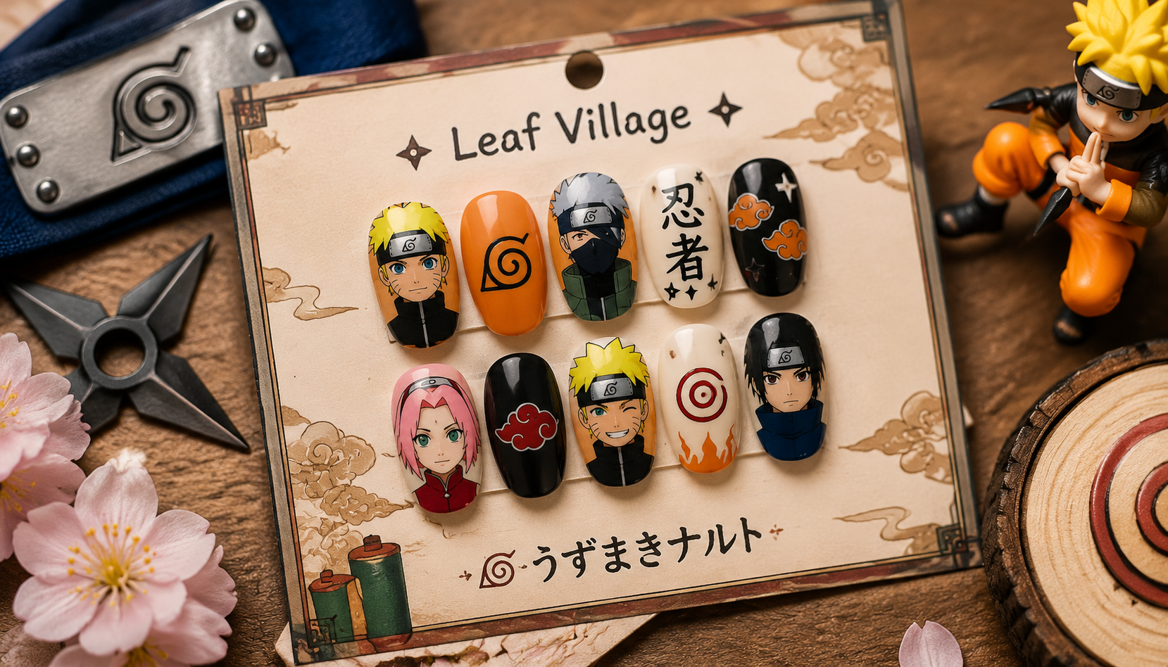 Styling look of Naruto Kawaii Decal Square Anime Press-On Nails on hands matching modern anime fashion