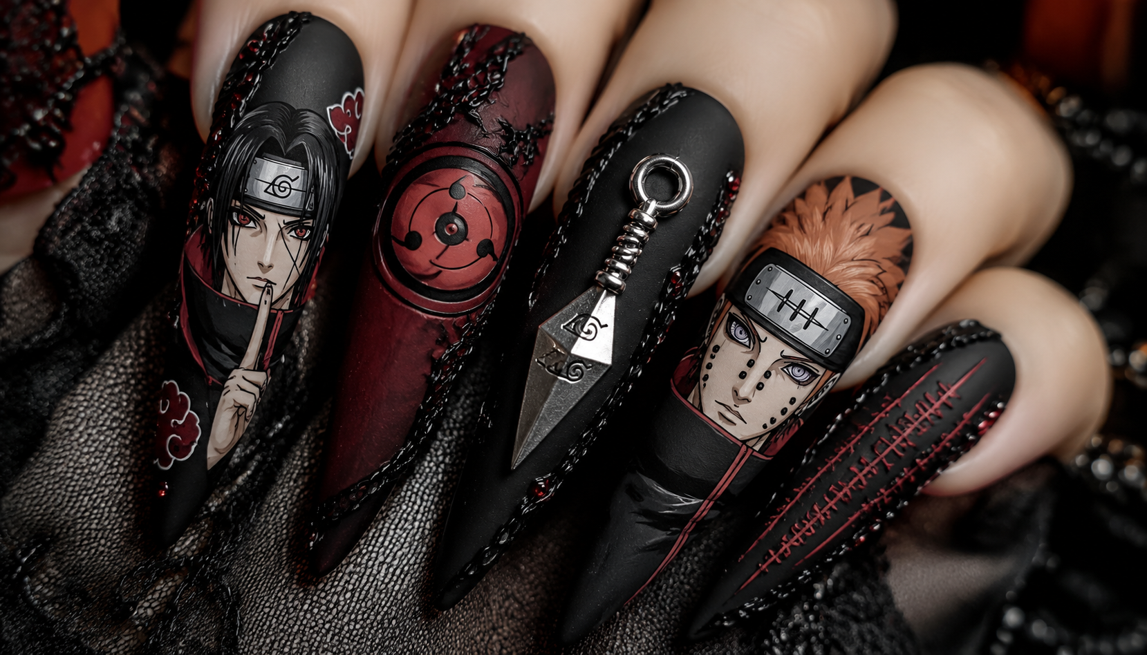 Detailed close-up showing the intricate hand-painted art of Naruto Matte Gothic Stiletto Anime Press-On Nails