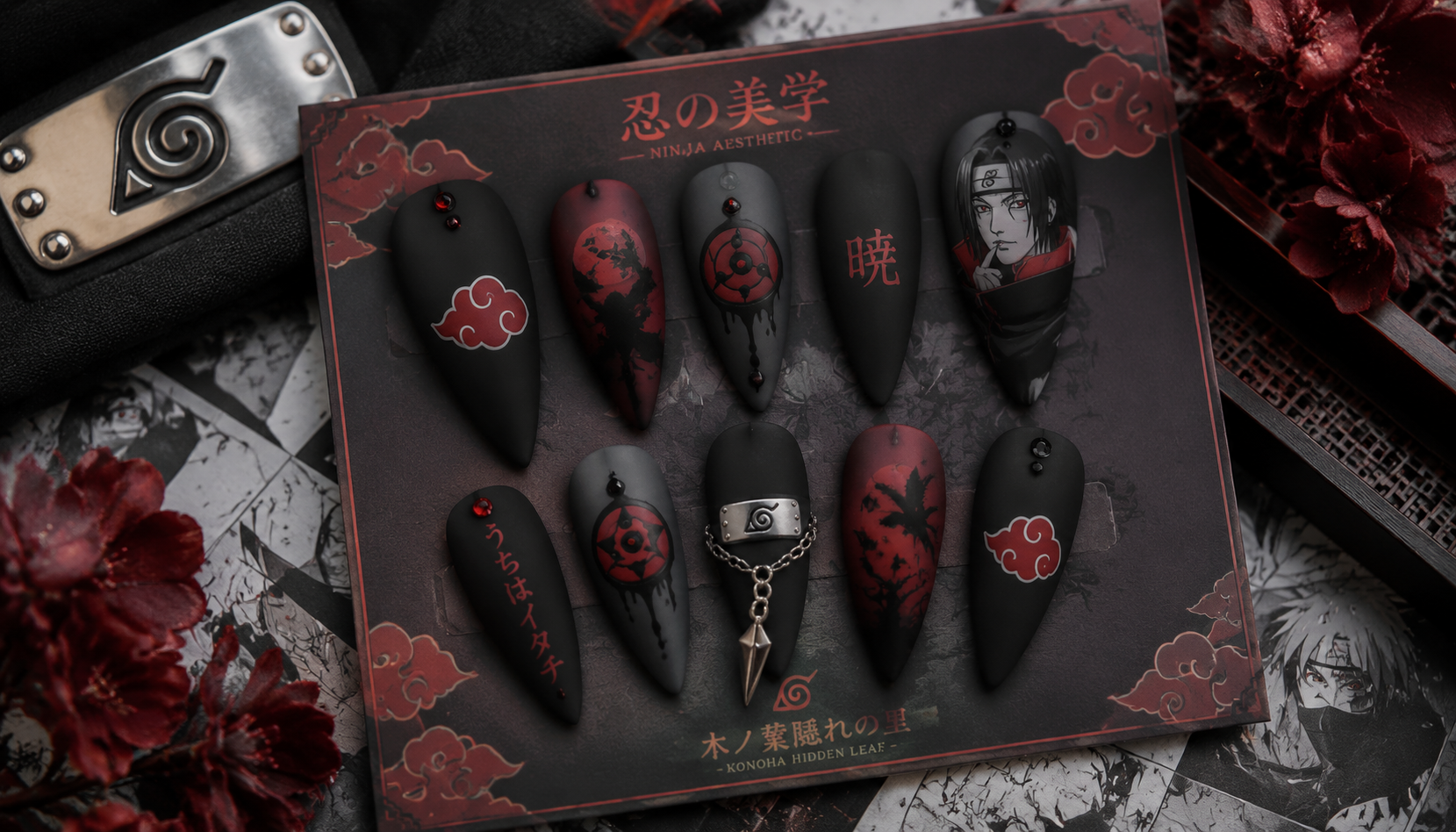 Styling look of Naruto Matte Gothic Stiletto Anime Press-On Nails on hands matching modern anime fashion
