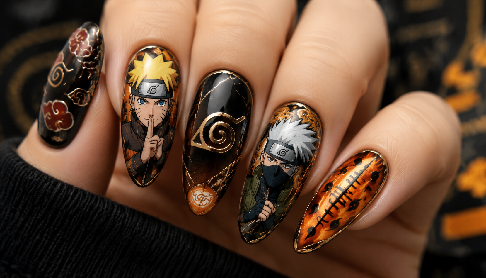 Detailed close-up showing the intricate hand-painted art of Naruto Metallic Line Almond Anime Press-On Nails