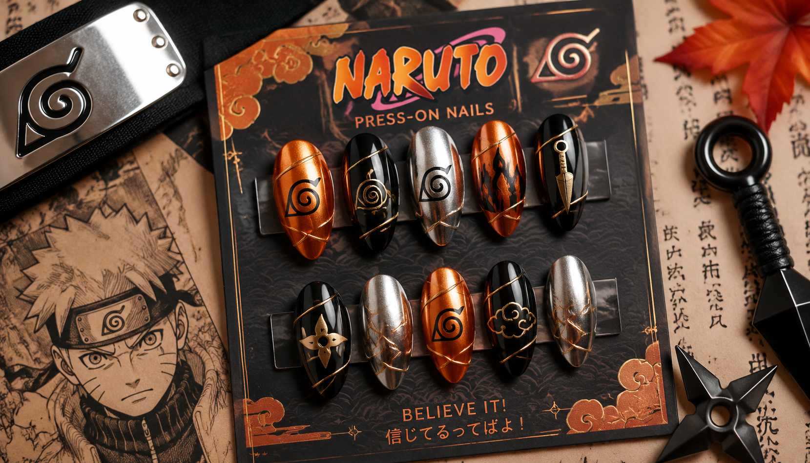 Styling look of Naruto Metallic Line Almond Anime Press-On Nails on hands matching modern anime fashion