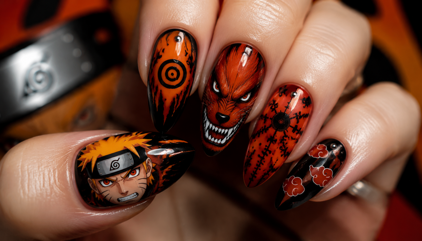 Detailed close-up of Naruto Uzumaki Nine-Tails Cursed Nail Art custom handmade nail design
