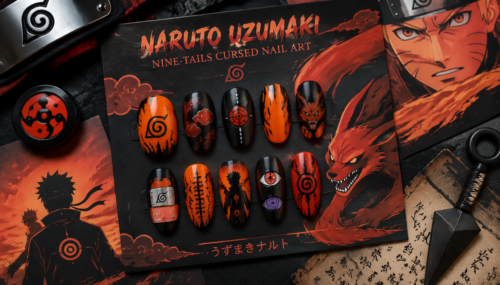 Handmade custom Naruto Uzumaki Nine-Tails Cursed Nail Art worn on hand styling showcase