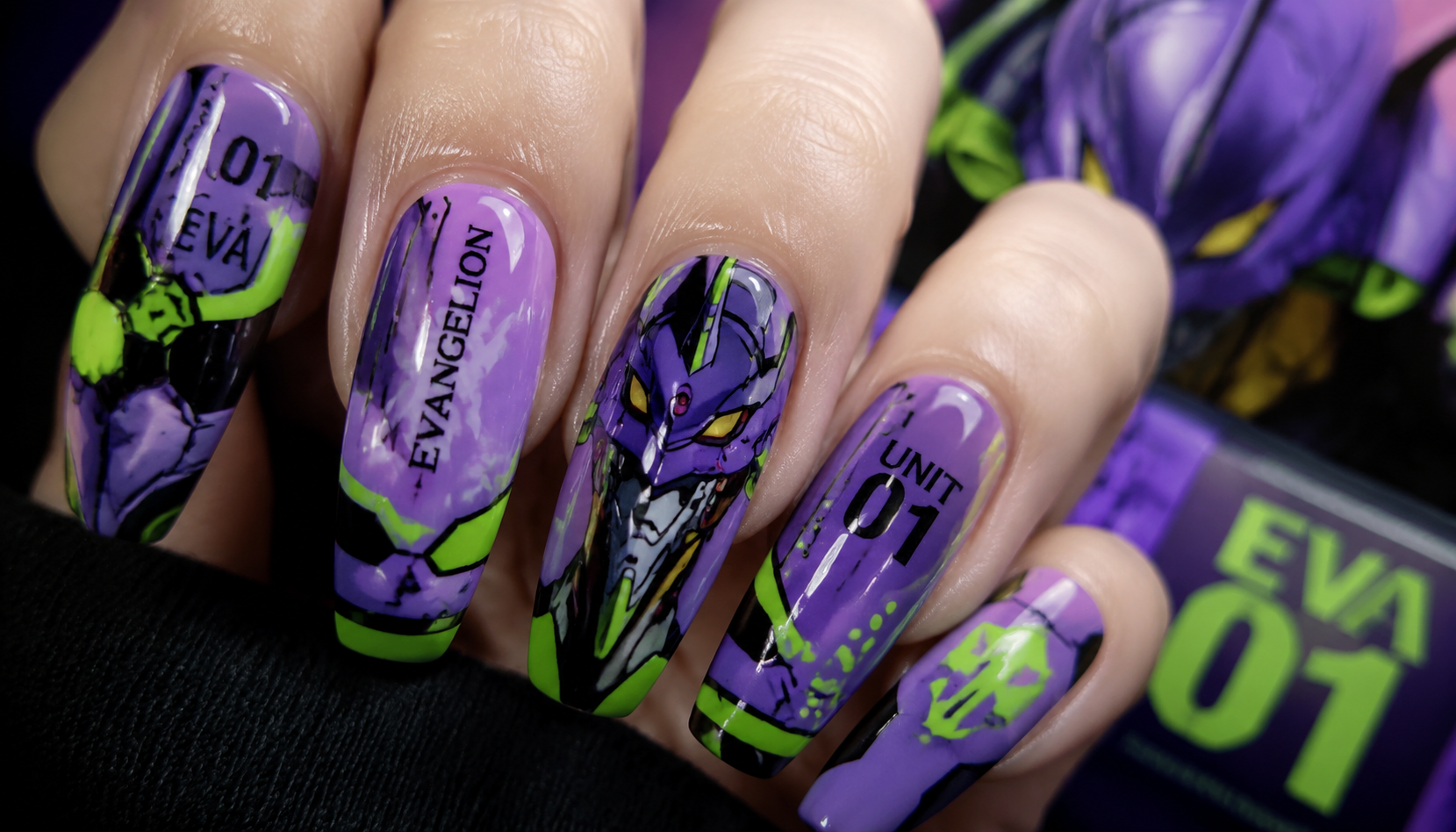 Detailed close-up of Neon Genesis Evangelion Unit-01 Purple Neon Green Nails custom handmade nail design