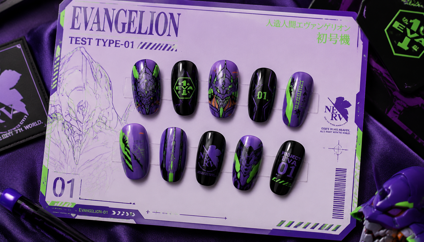 Handmade custom Neon Genesis Evangelion Unit-01 Purple Neon Green Nails worn on hand styling showcase