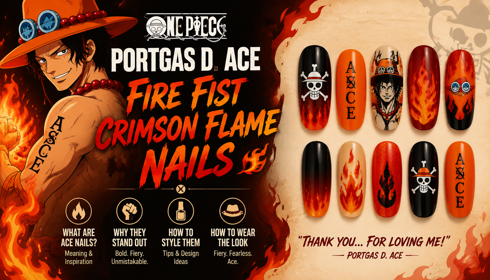 Portgas D. Ace Fire Fist Crimson Flame Nails