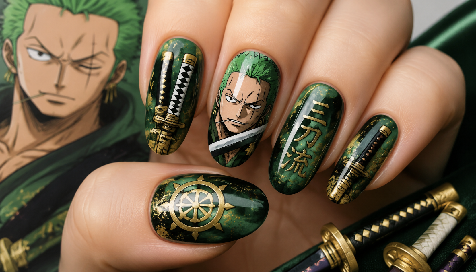 Detailed close-up of Roronoa Zoro Three-Sword Style Emerald Green Nails custom handmade nail design