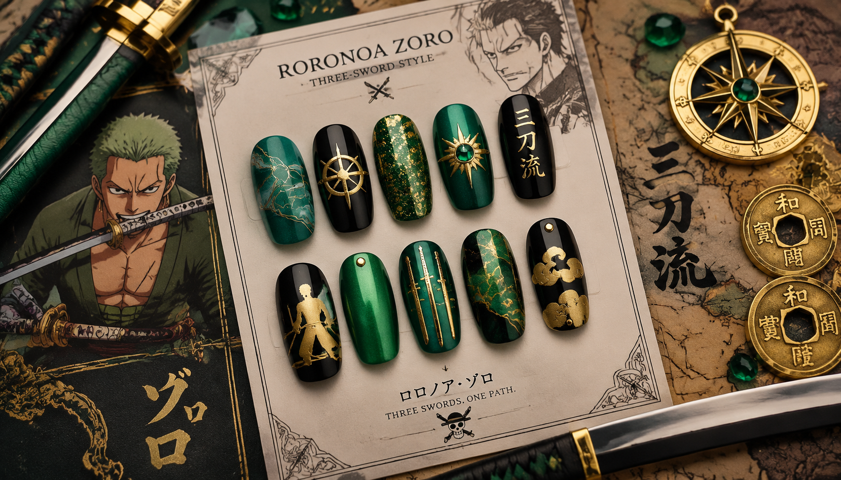 Handmade custom Roronoa Zoro Three-Sword Style Emerald Green Nails worn on hand styling showcase