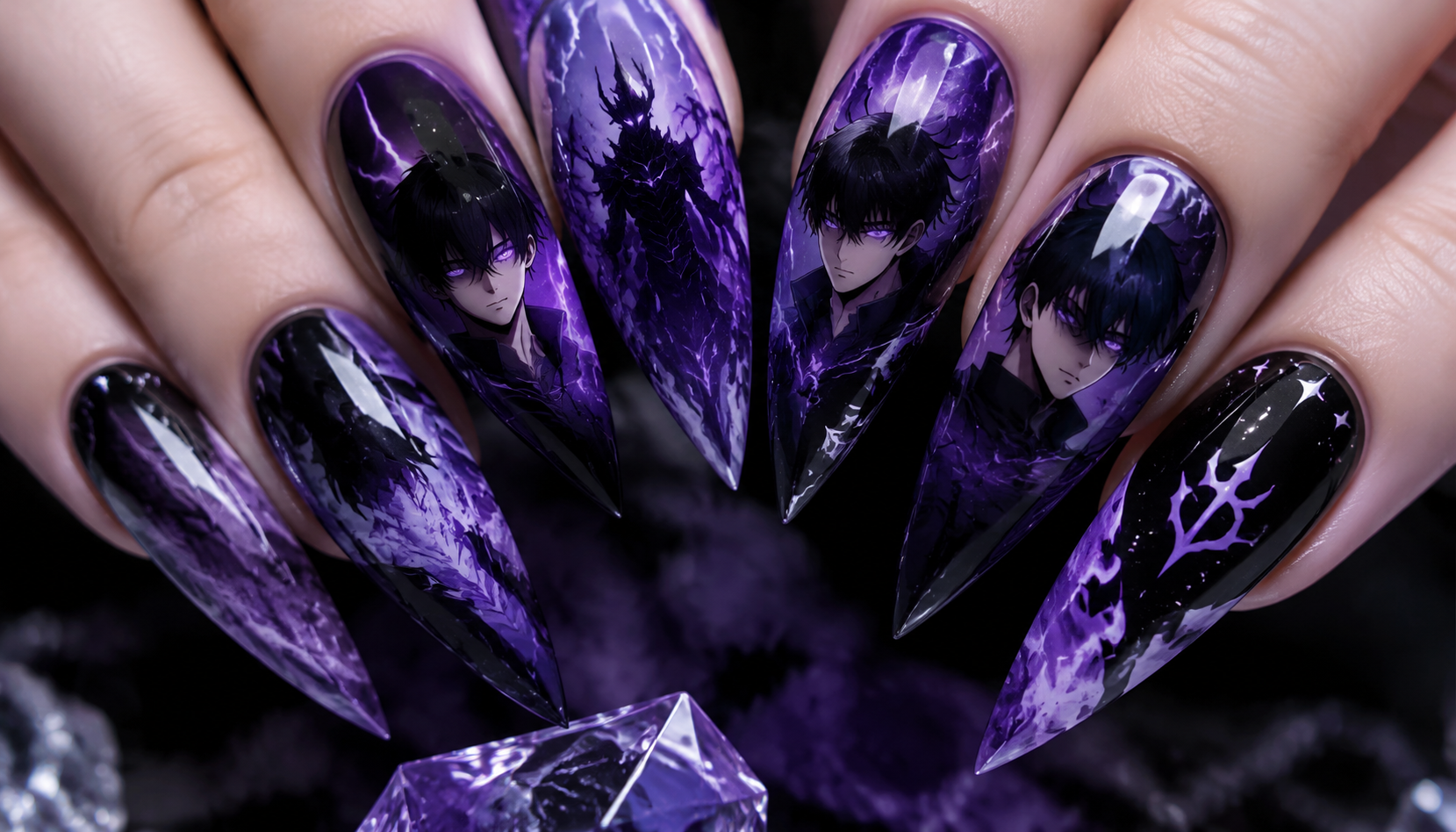 Detailed close-up showing the intricate hand-painted art of Solo Leveling Sung Jinwoo Shadow Monarch Stiletto Nails