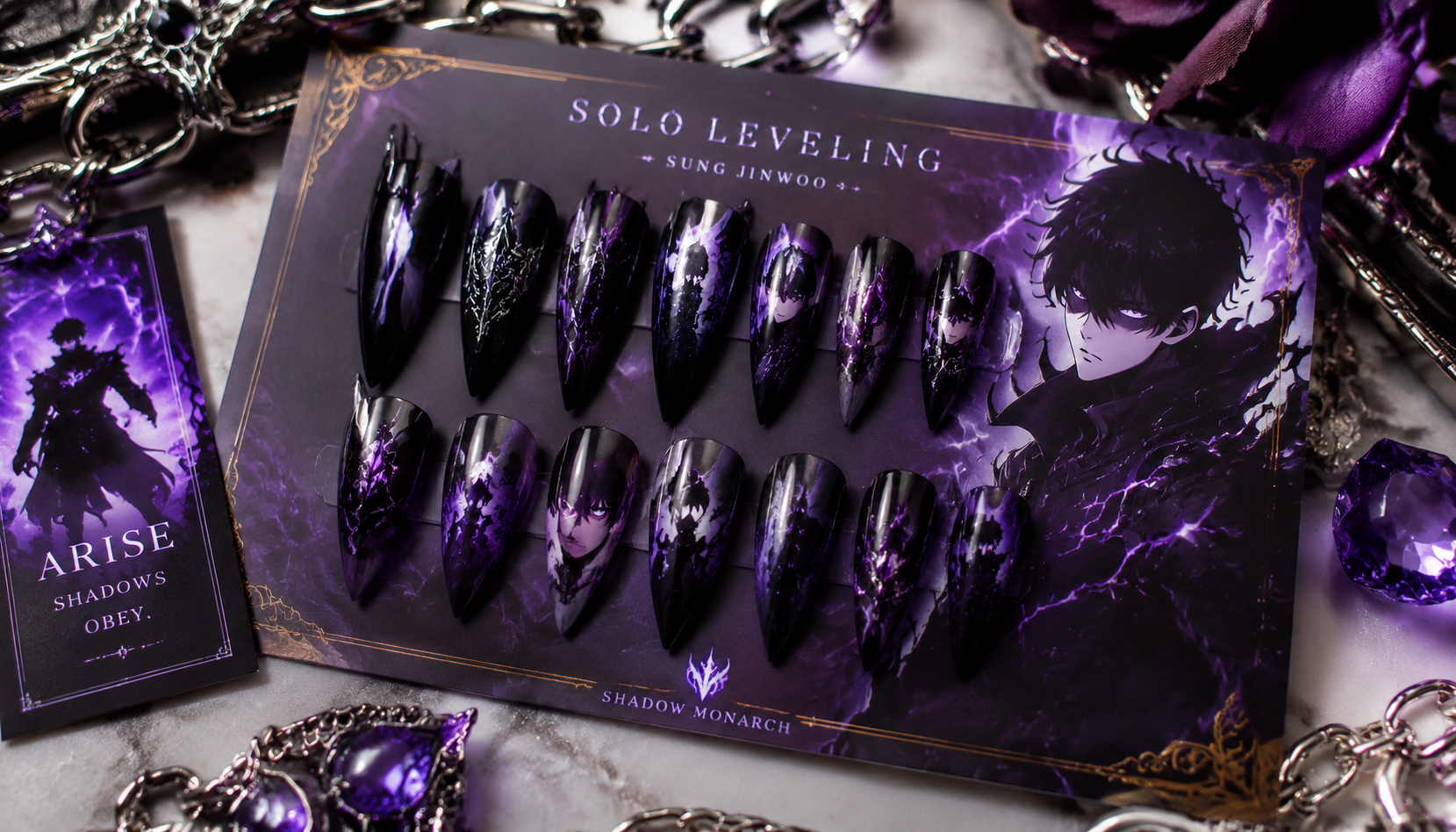 Styling look of Solo Leveling Sung Jinwoo Shadow Monarch Stiletto Nails on hands matching modern anime fashion