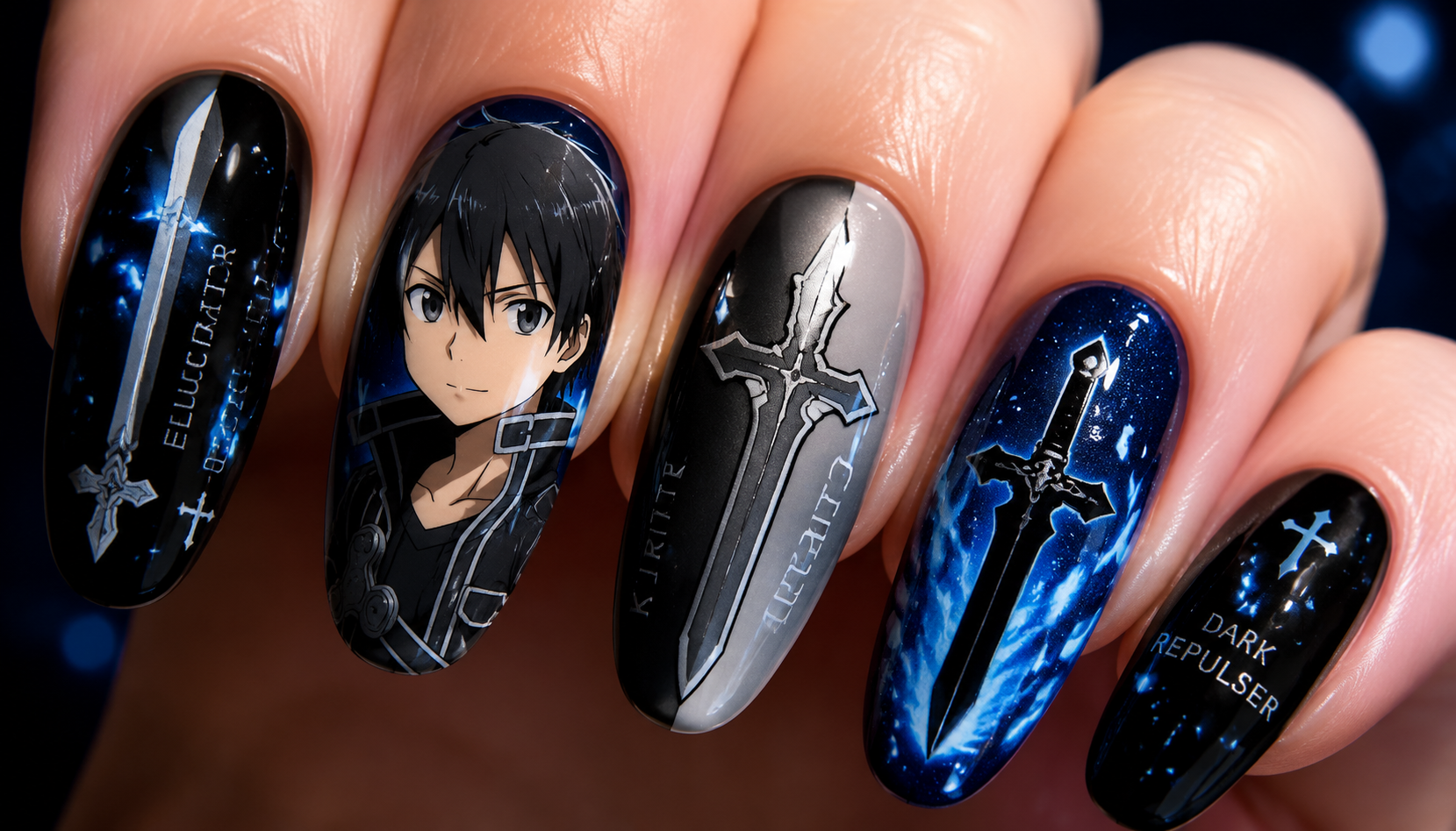 Detailed close-up of Sword Art Online Kirito Elucidator Dark Repulser Nails custom handmade nail design