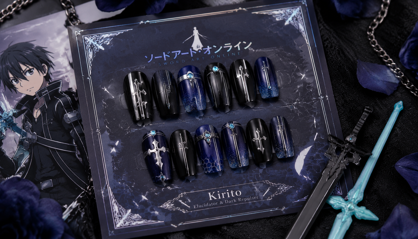 Handmade custom Sword Art Online Kirito Elucidator Dark Repulser Nails worn on hand styling showcase