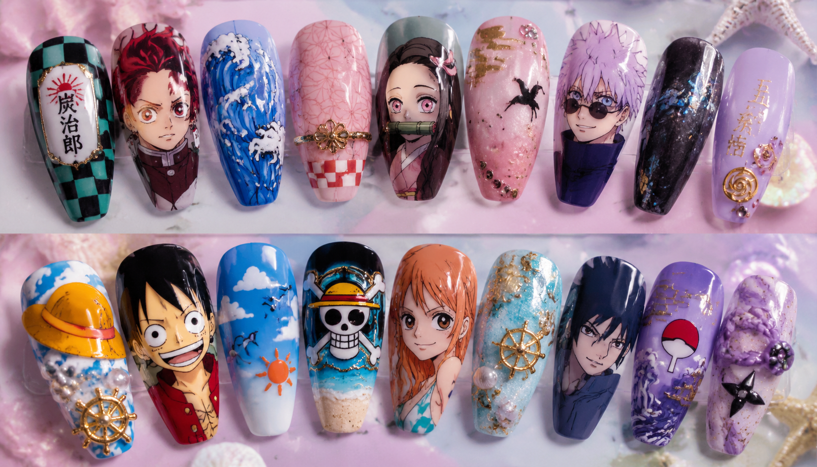 Detailed close-up of Top Trending Anime & Manga Nail Styles for Summer custom handmade nail design