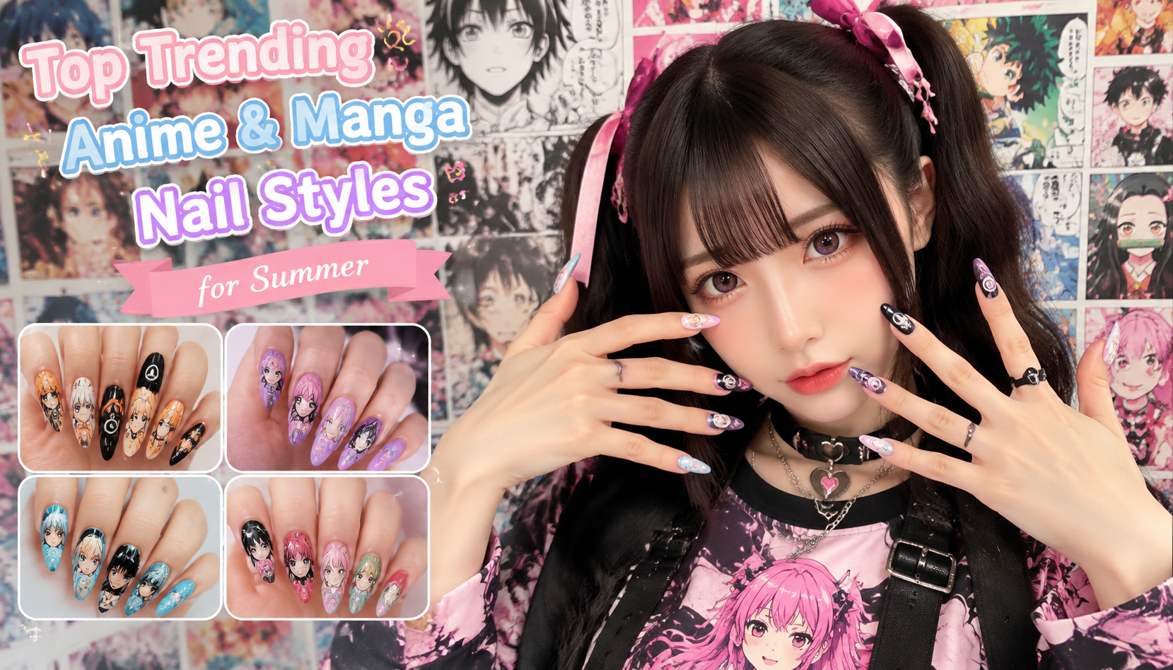 Handmade custom Top Trending Anime & Manga Nail Styles for Summer worn on hand styling showcase