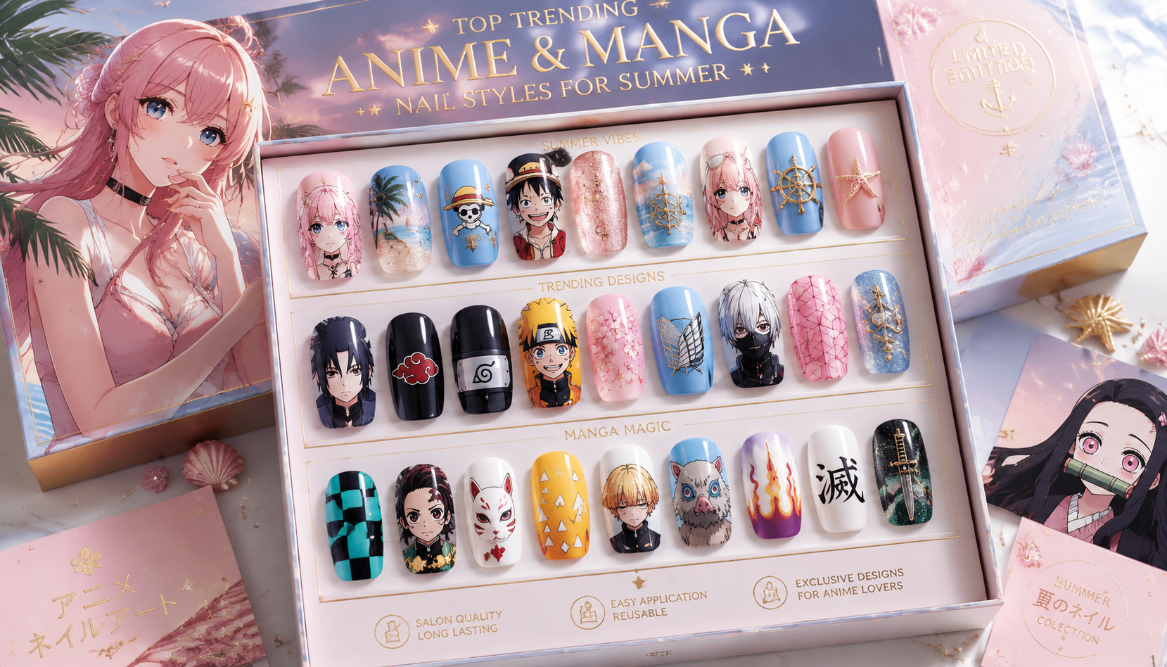 Luxury packaging box and prep kit for Top Trending Anime & Manga Nail Styles for Summer press-on nails set